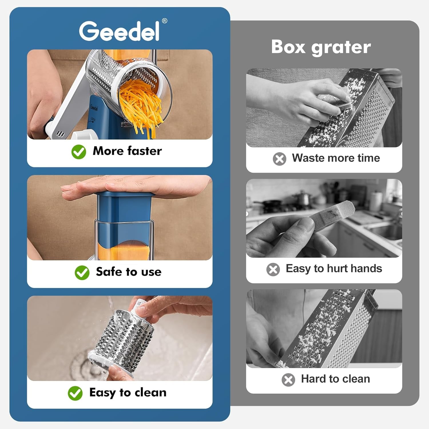Rotary Cheese Grater, Kitchen Mandoline Vegetable Slicer with 3 Interchangeable Blades, Easy to Clean Rotary Grater Slicer for Fruit, Vegetables, Nuts