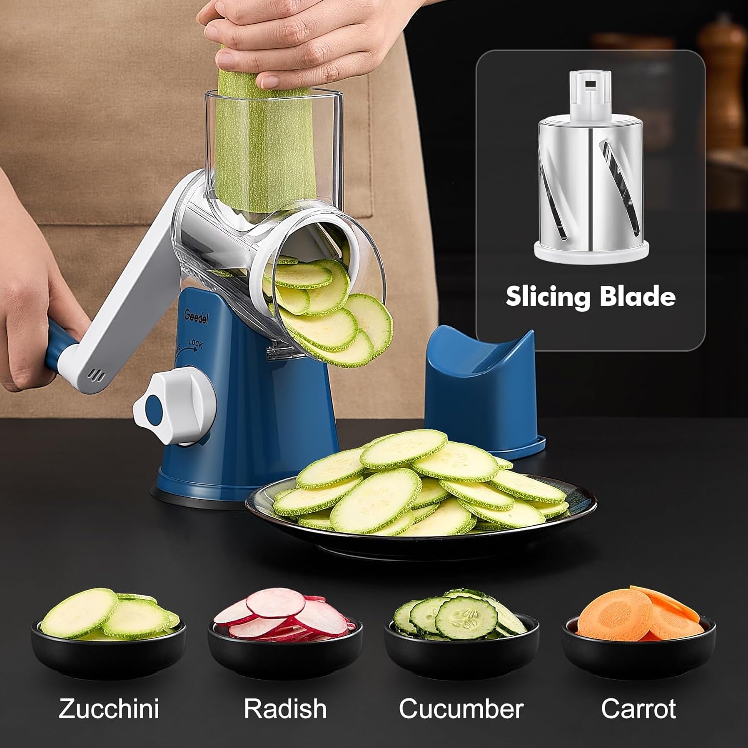 Rotary Cheese Grater, Kitchen Mandoline Vegetable Slicer with 3 Interchangeable Blades, Easy to Clean Rotary Grater Slicer for Fruit, Vegetables, Nuts