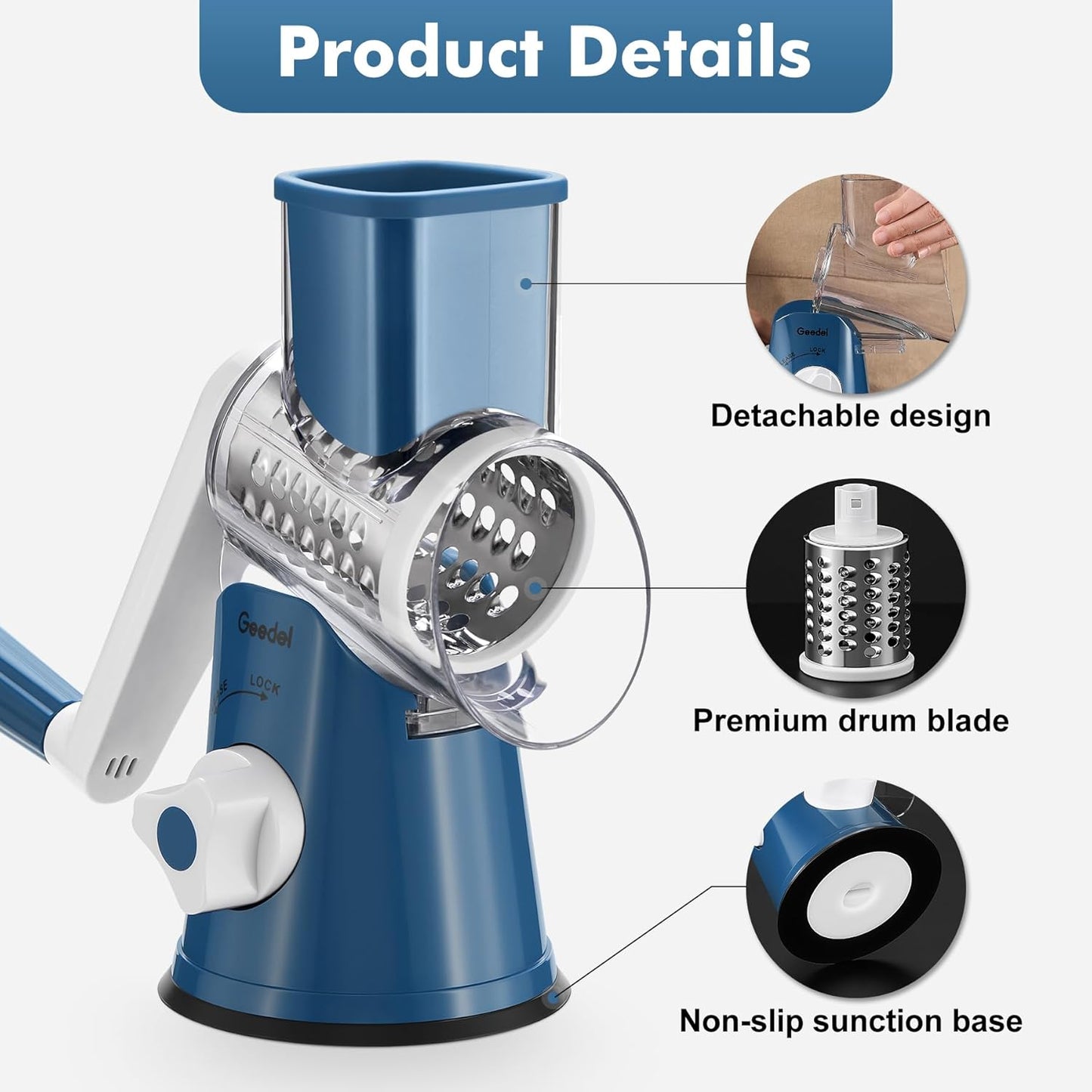 Rotary Cheese Grater, Kitchen Mandoline Vegetable Slicer with 3 Interchangeable Blades, Easy to Clean Rotary Grater Slicer for Fruit, Vegetables, Nuts