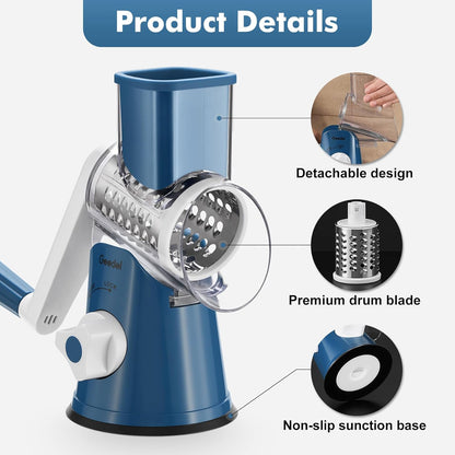 Rotary Cheese Grater, Kitchen Mandoline Vegetable Slicer with 3 Interchangeable Blades, Easy to Clean Rotary Grater Slicer for Fruit, Vegetables, Nuts