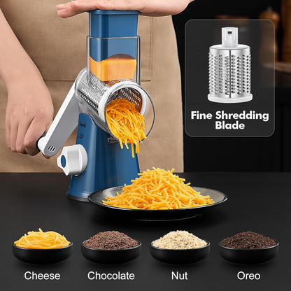Rotary Cheese Grater, Kitchen Mandoline Vegetable Slicer with 3 Interchangeable Blades, Easy to Clean Rotary Grater Slicer for Fruit, Vegetables, Nuts