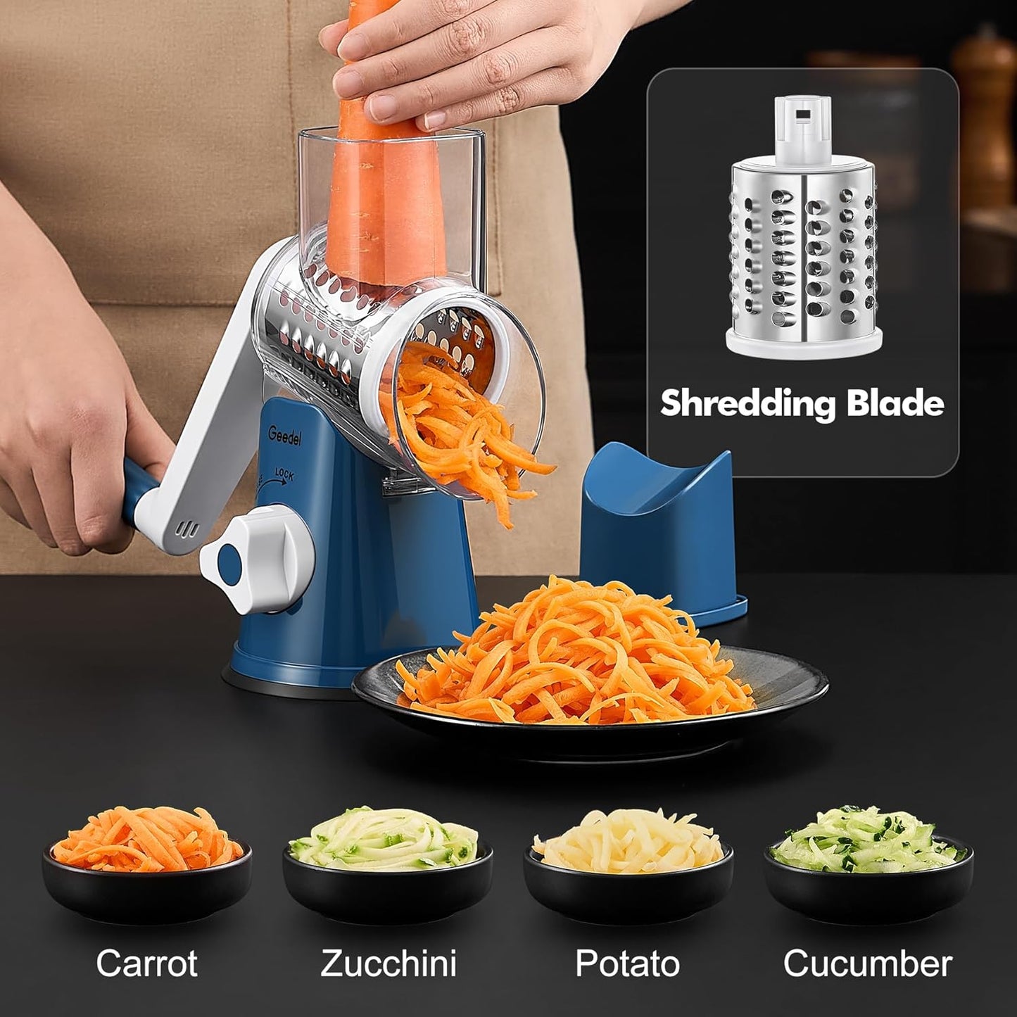 Rotary Cheese Grater, Kitchen Mandoline Vegetable Slicer with 3 Interchangeable Blades, Easy to Clean Rotary Grater Slicer for Fruit, Vegetables, Nuts