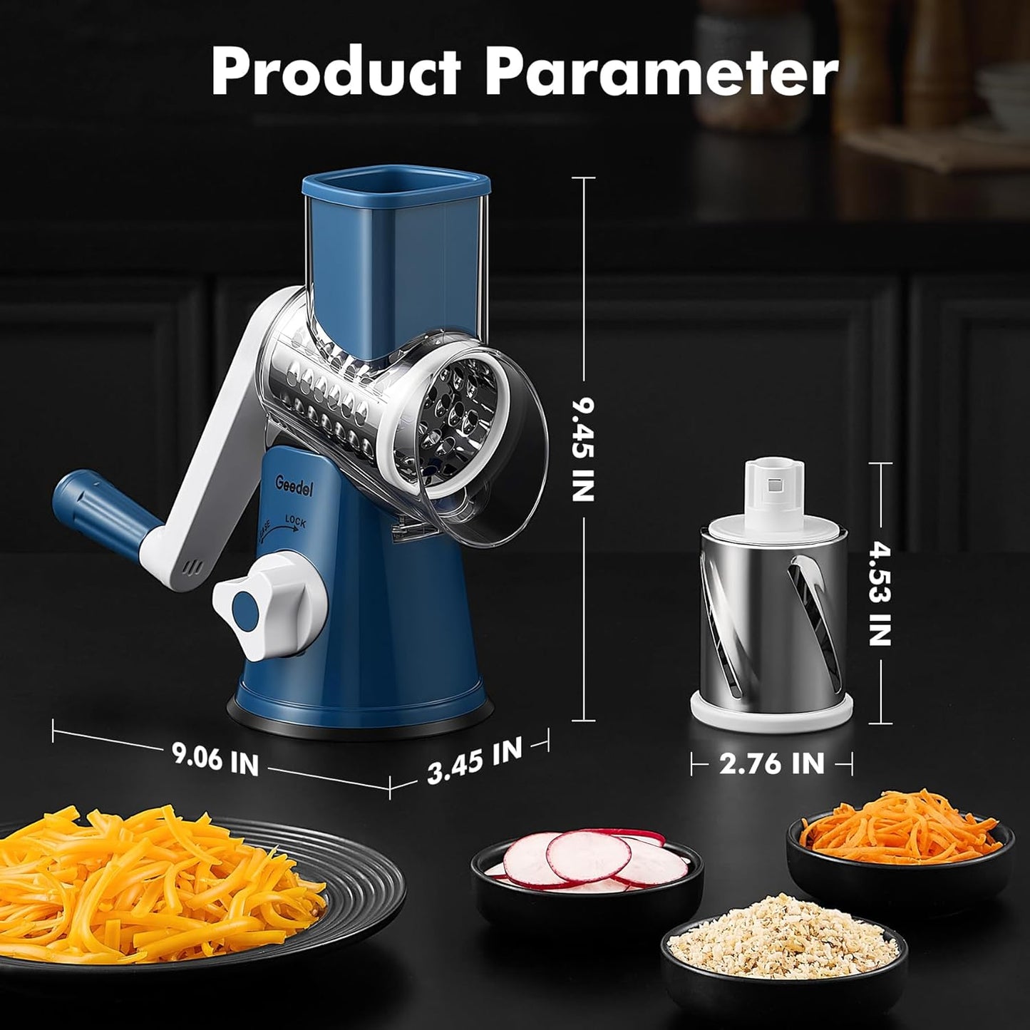 Rotary Cheese Grater, Kitchen Mandoline Vegetable Slicer with 3 Interchangeable Blades, Easy to Clean Rotary Grater Slicer for Fruit, Vegetables, Nuts