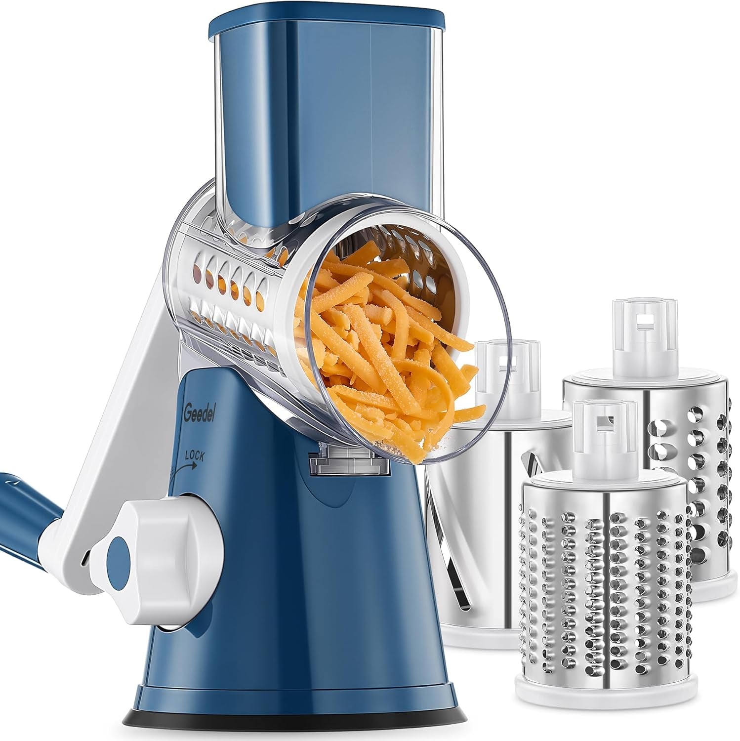 Rotary Cheese Grater, Kitchen Mandoline Vegetable Slicer with 3 Interchangeable Blades, Easy to Clean Rotary Grater Slicer for Fruit, Vegetables, Nuts