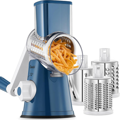 Rotary Cheese Grater, Kitchen Mandoline Vegetable Slicer with 3 Interchangeable Blades, Easy to Clean Rotary Grater Slicer for Fruit, Vegetables, Nuts