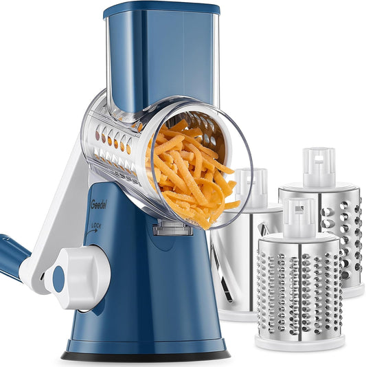 Rotary Cheese Grater, Kitchen Mandoline Vegetable Slicer with 3 Interchangeable Blades, Easy to Clean Rotary Grater Slicer for Fruit, Vegetables, Nuts